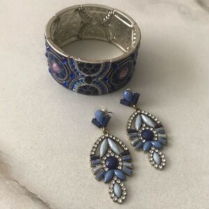 Blue Embellished Bracelet & Earrings - Costume Jewelry Set
